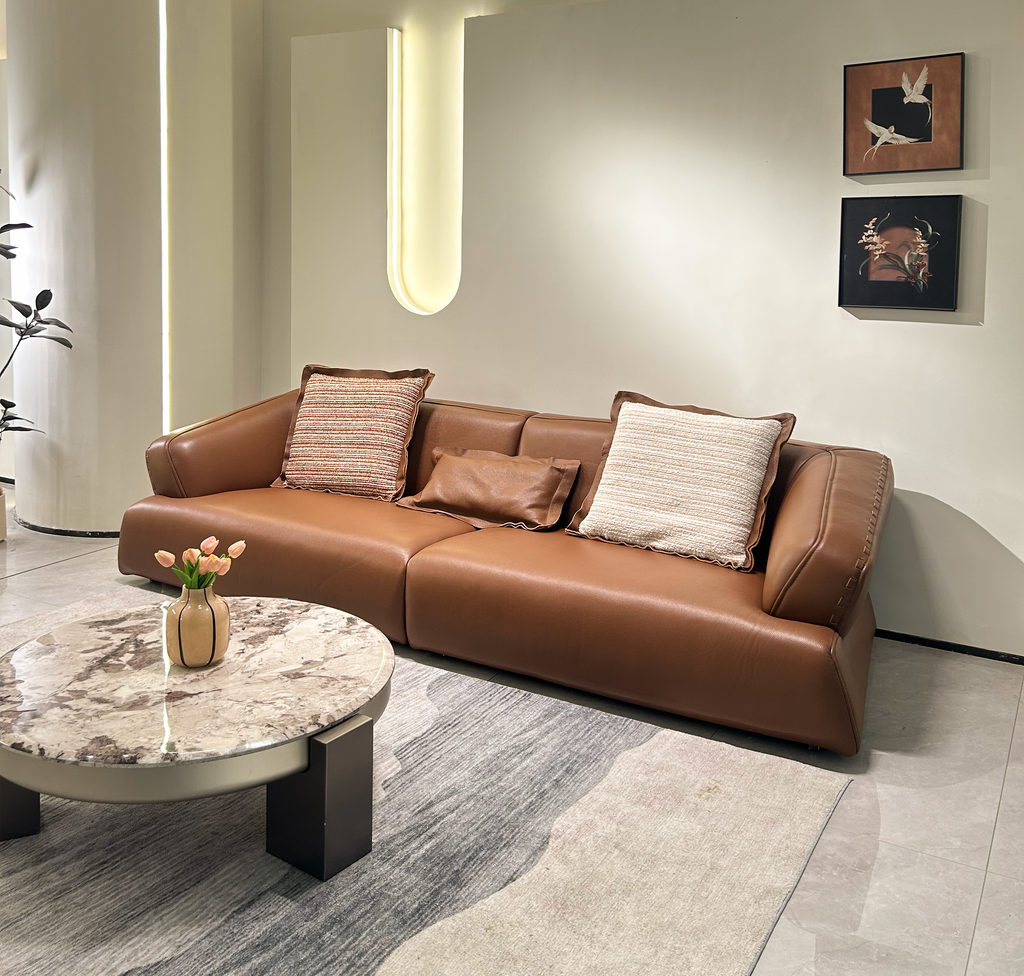 Caramel Handwoven Leather Sofa - Full Grain One-Piece Seat, Solid Birch Frame