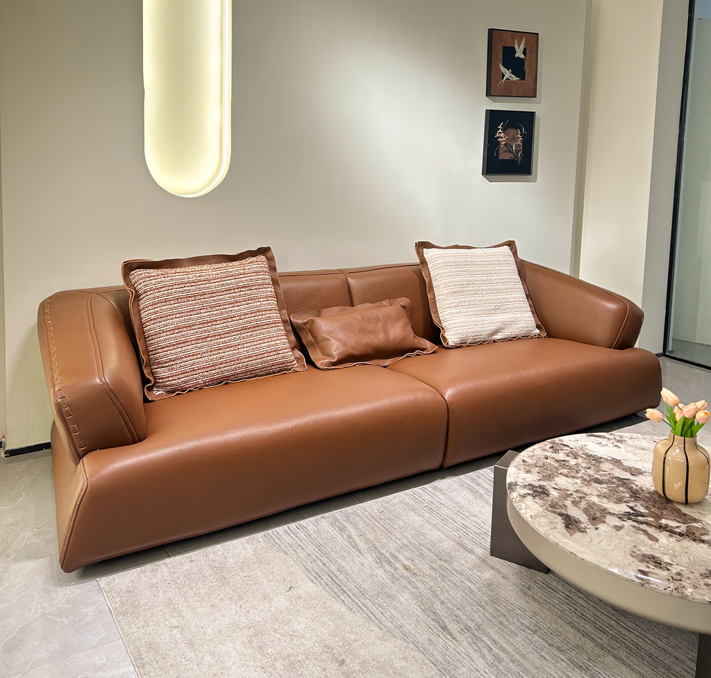 Caramel Handwoven Leather Sofa - Full Grain One-Piece Seat, Solid Birch Frame