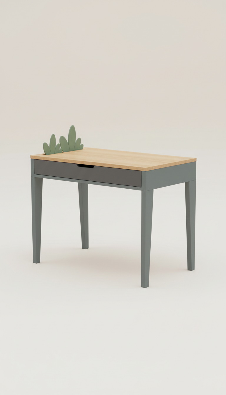 Compact engineered wood desk with cable slot