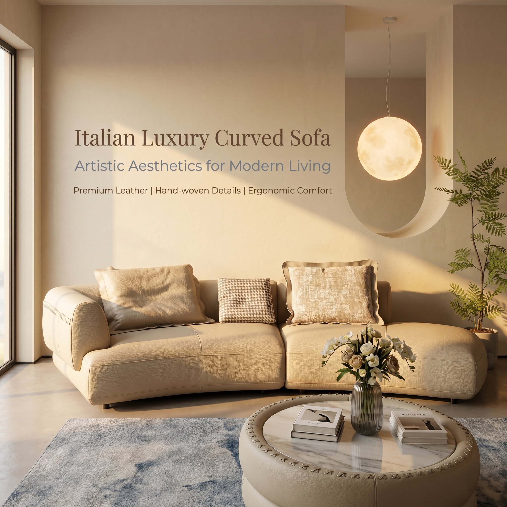 Crescent Bay Handwoven Leather Sofa - Full Grain Italian Leather, Curved Modular Design
