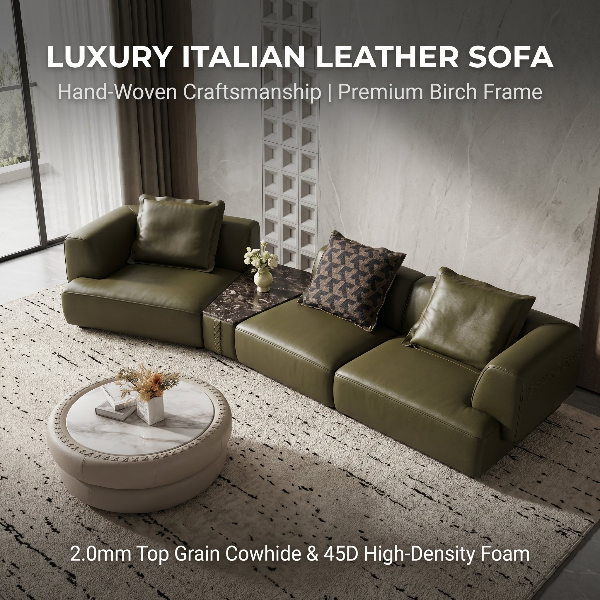 Olive Green Handwoven Leather Sofa - Full Grain Italian Leather, Geometric Modular Design