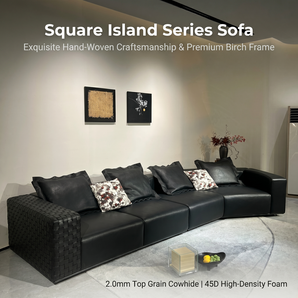Square Island Handwoven Leather Sofa - Full Grain Leather, Geometric Modular Design