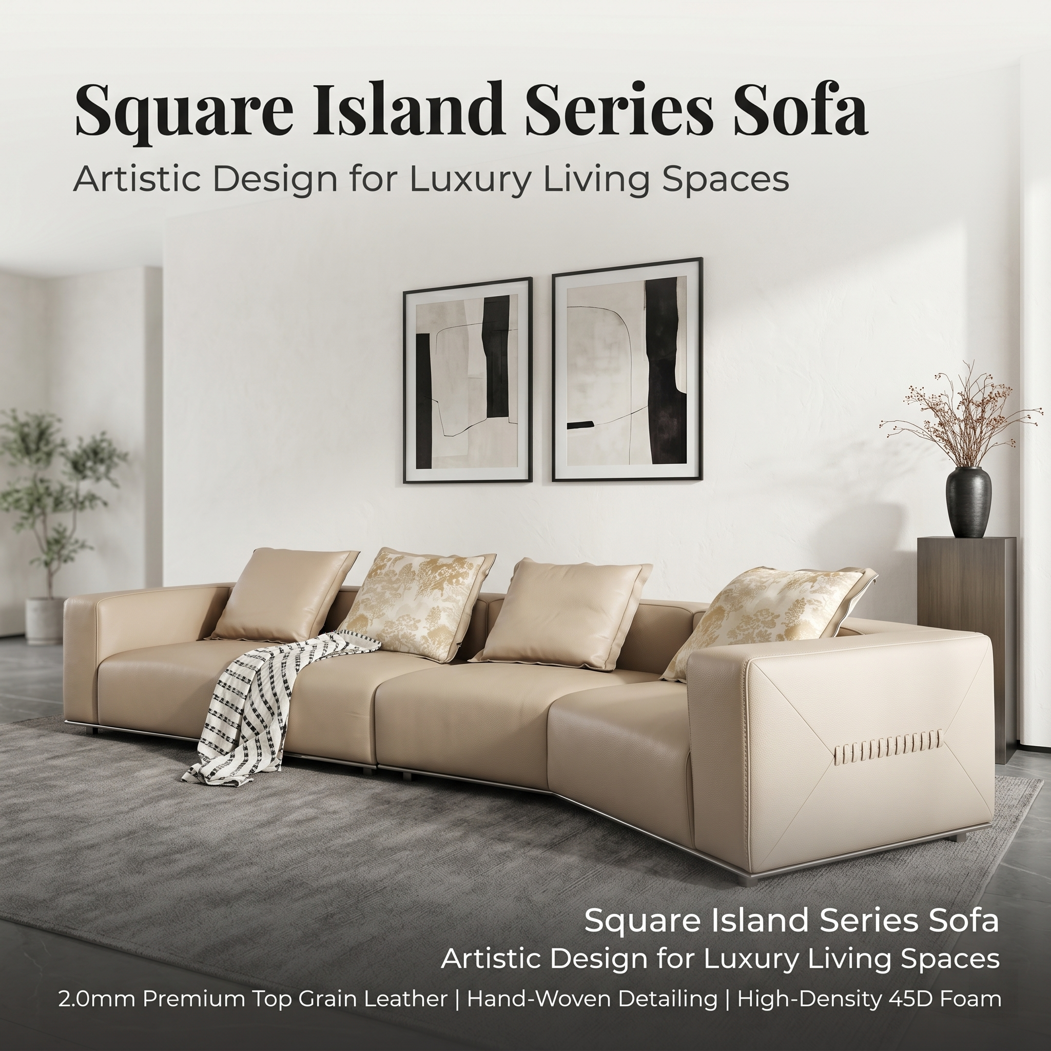 Square Island Handwoven Leather Sofa - Full Grain Leather, Geometric Modular Design